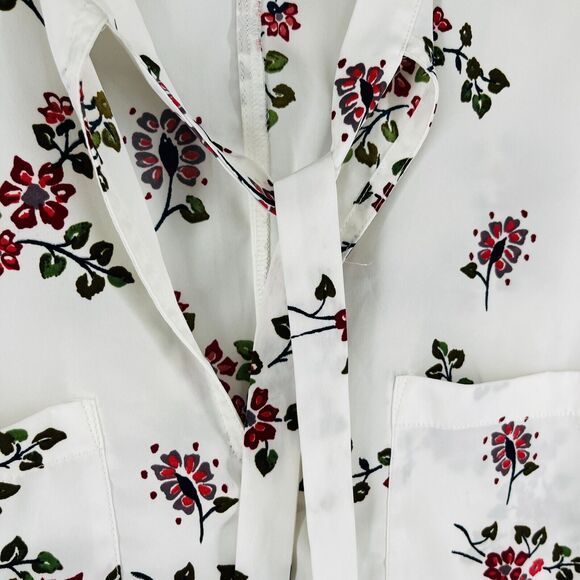 ABERCROMBIE & FITCH Top XS Floral Poplin Tie Neck Blouse Roll Tab Sleeve White - Picture 9 of 16
